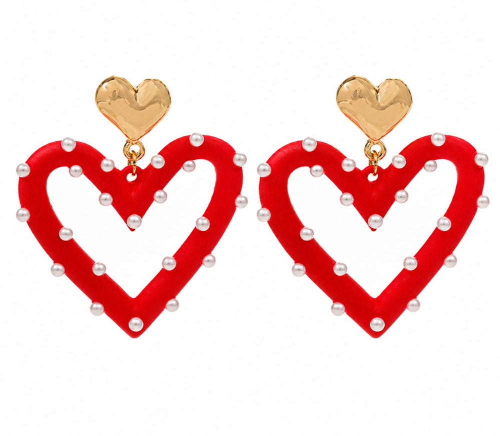Pearl & Color Coated Heart Earrings Womens Earrings Golden Stella Red 