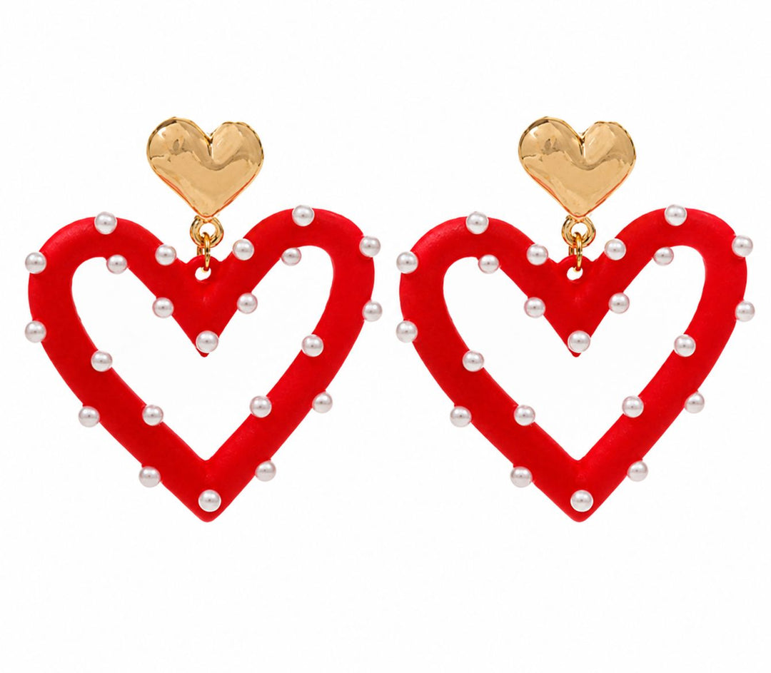 Pearl & Color Coated Heart Earrings Womens Earrings Golden Stella Red 