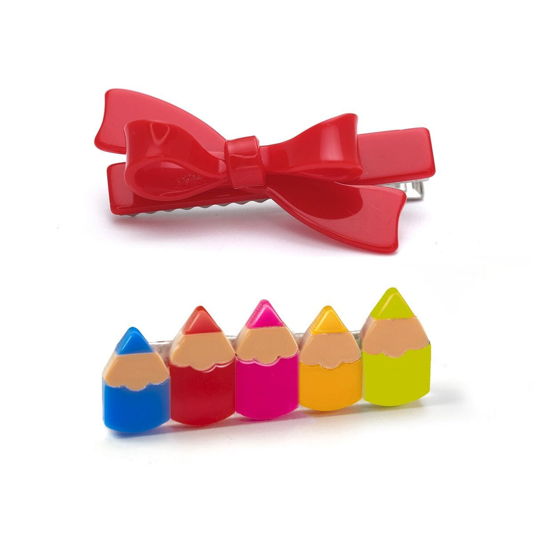 Pencils Parade Vibrant Red Bow Alligator Clips Girl Hair Accessory Lilies and Roses 