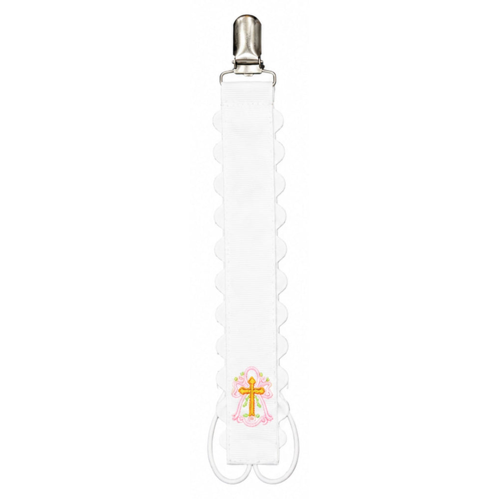 Personalized Scalloped Paci Clips Baby Accessories ZsaZsa and Lolli White with Cross 