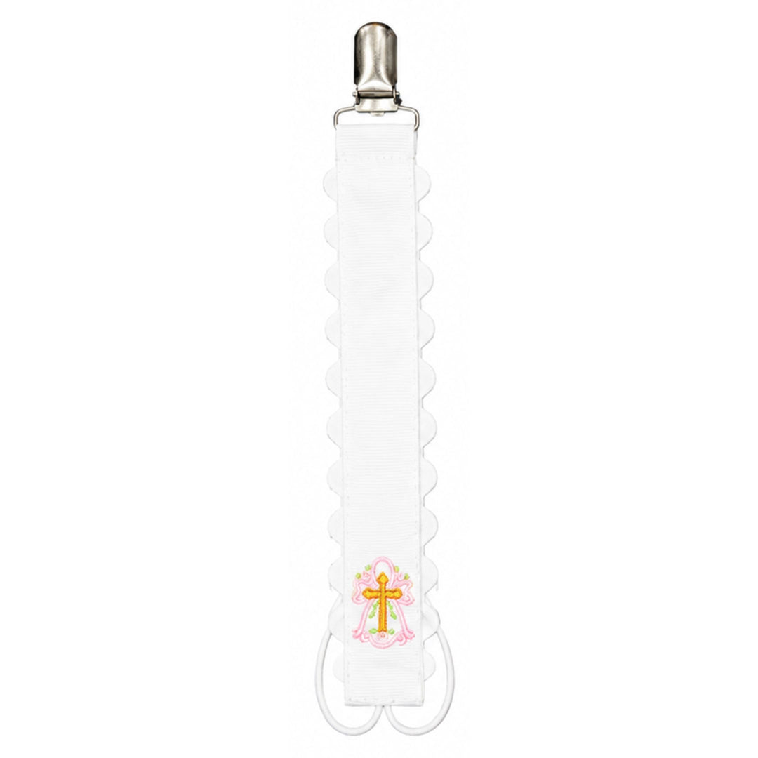 Personalized Scalloped Paci Clips Baby Accessories ZsaZsa and Lolli White with Cross 