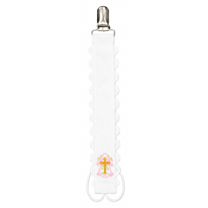 Personalized Scalloped Paci Clips Baby Accessories ZsaZsa and Lolli White with Cross 