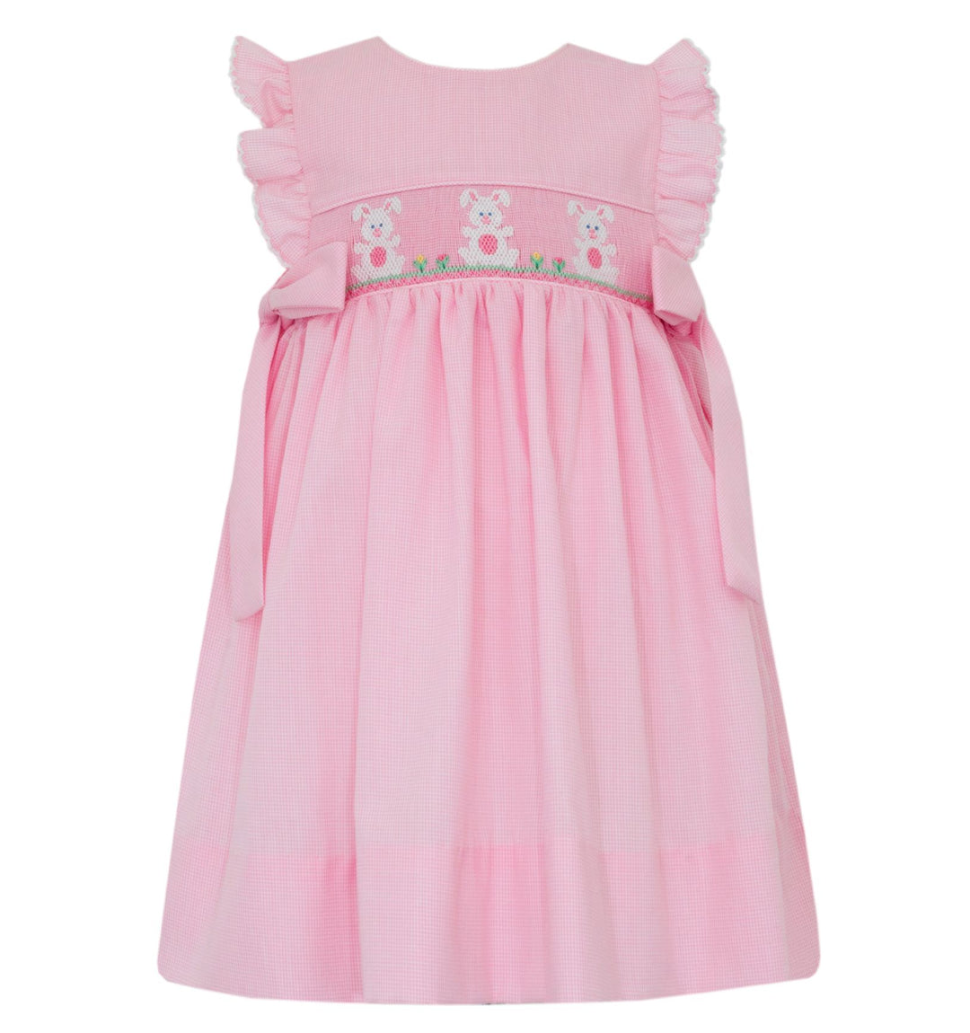 Pink Bunnies Smocked Dress with Side Bows Girl Dress Petit Bebe 