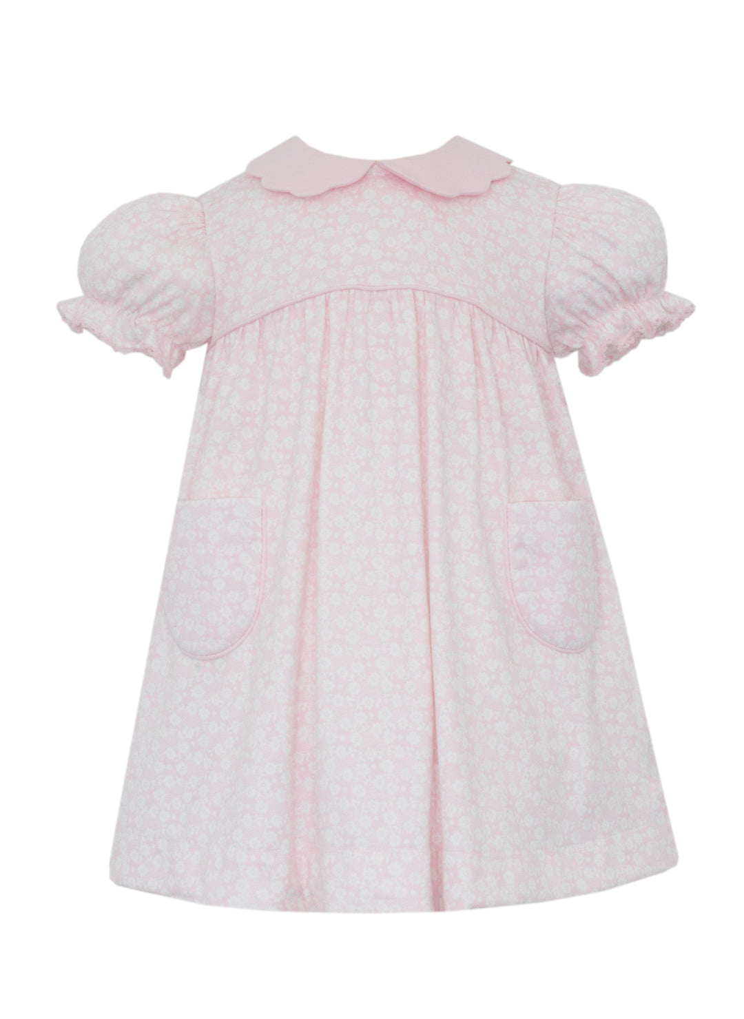 Pink Knit Floral Float Dress w/Pink Scalloped Collar Girl Dress Petit Bebe 