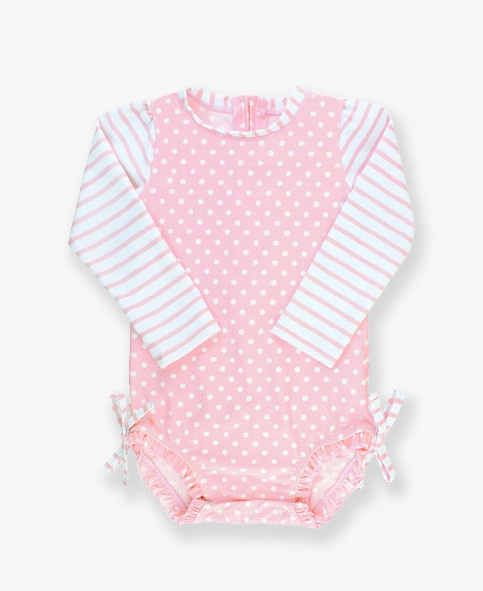 Pink Polka Dot Long Sleeve Rash Guard Swimsuit Girl Bathing Suit Rufflebutts 