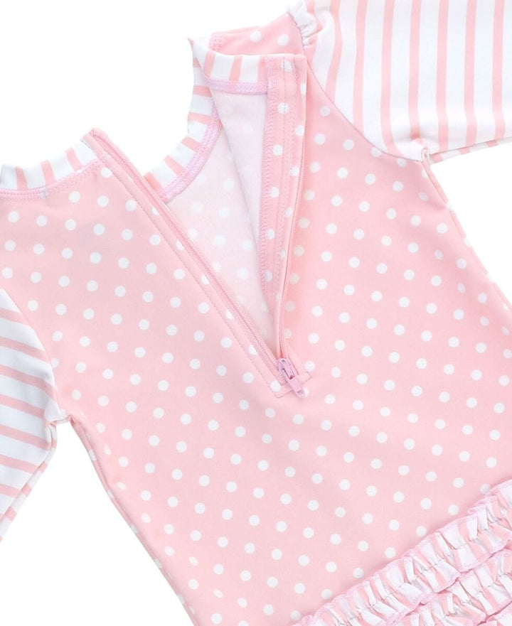 Pink Polka Dot Long Sleeve Rash Guard Swimsuit Girl Bathing Suit Rufflebutts 
