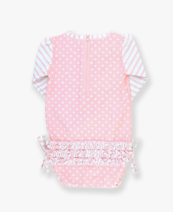 Pink Polka Dot Long Sleeve Rash Guard Swimsuit Girl Bathing Suit Rufflebutts 