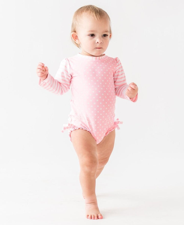 Pink Polka Dot Long Sleeve Rash Guard Swimsuit Girl Bathing Suit Rufflebutts 