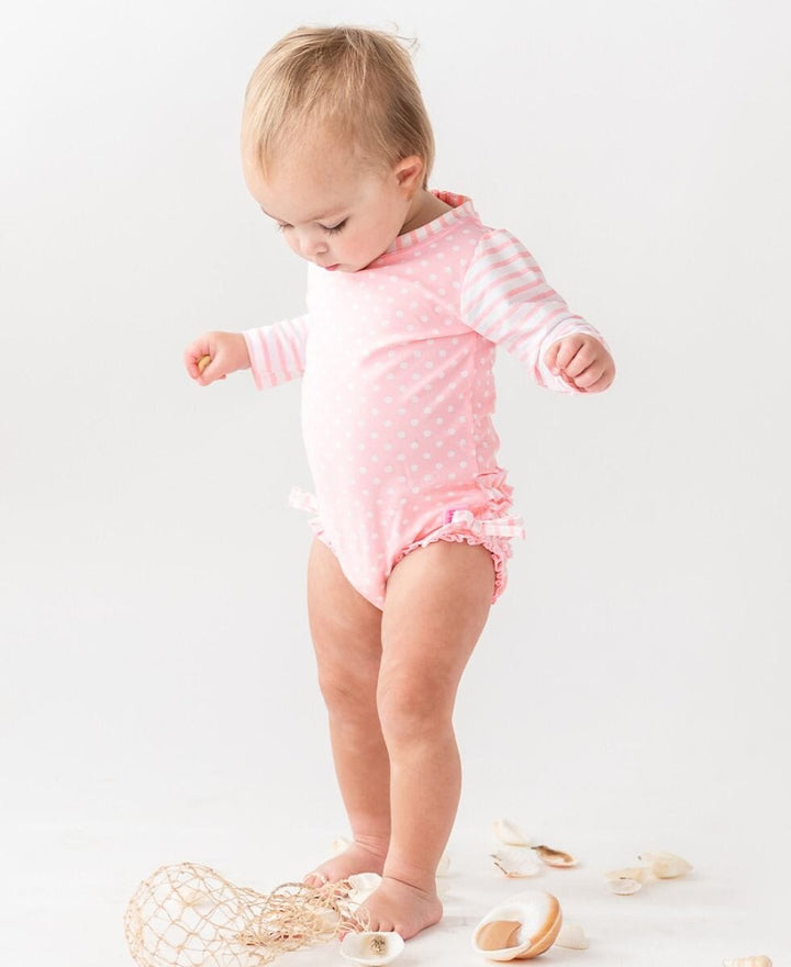 Pink Polka Dot Long Sleeve Rash Guard Swimsuit Girl Bathing Suit Rufflebutts 