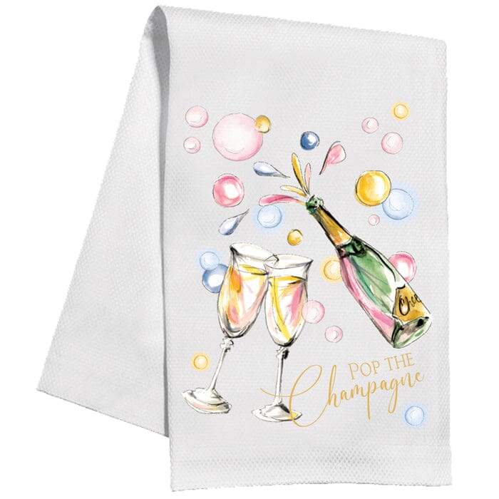 Pop The Champagne Bottle with Glasses and Light Pastel Bubbles Kitchen Towel Kitchen Towel Rosanne Beck 