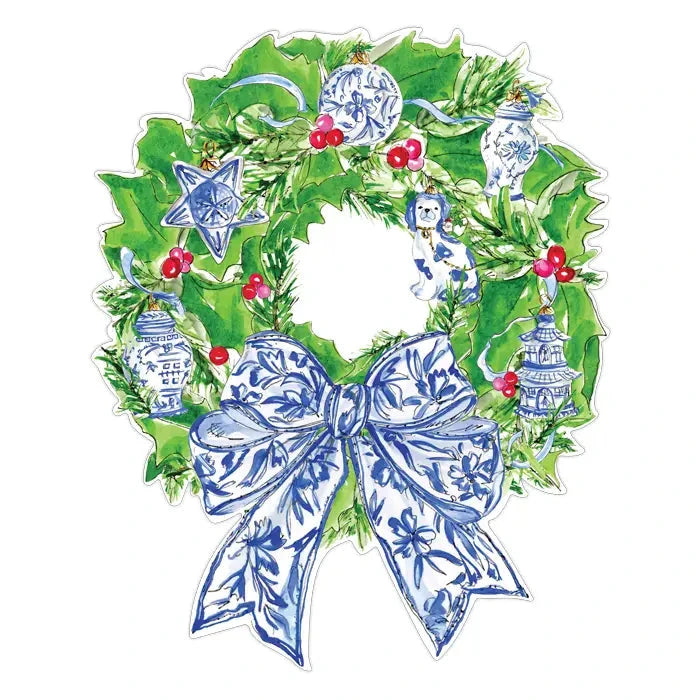 Posh Die Cut Christmas Wreath with Blue Chinoiserie Ornaments Placemats Rosanne Beck 