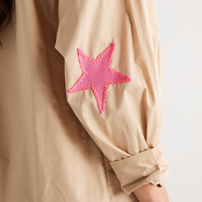 Preppy Star Dress - Khaki with Pink Star Womens Dress Caryn Lawn 