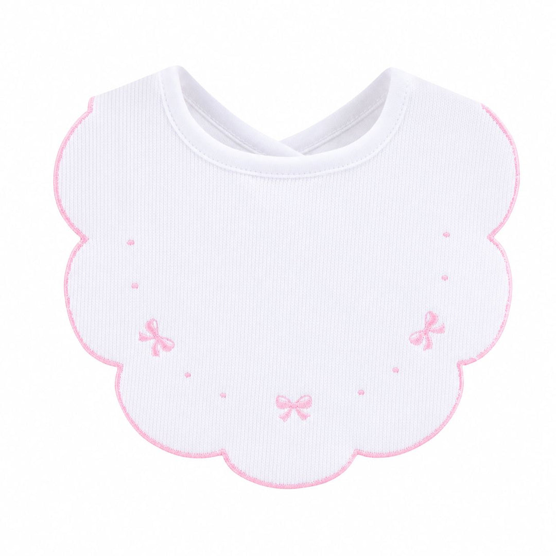 Pretty Bows & Dots Jacquard Scallop Bib - White and Pink Bib Baby Club Chic 