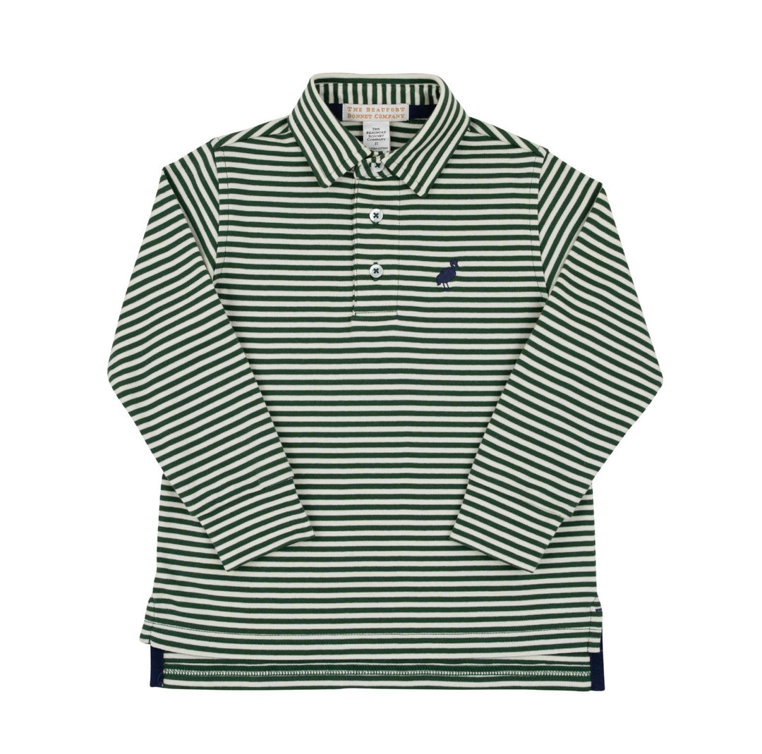 Prim and Proper Polo LS - Grier Green Stripe Boy Shirt Beaufort Bonnet 