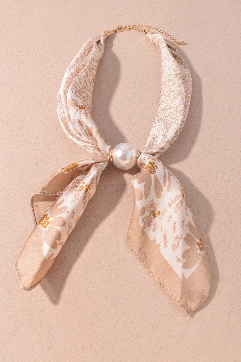 Printed Scarf and Oversized Pearl Necklace - Beige Womens Necklace Merveille 