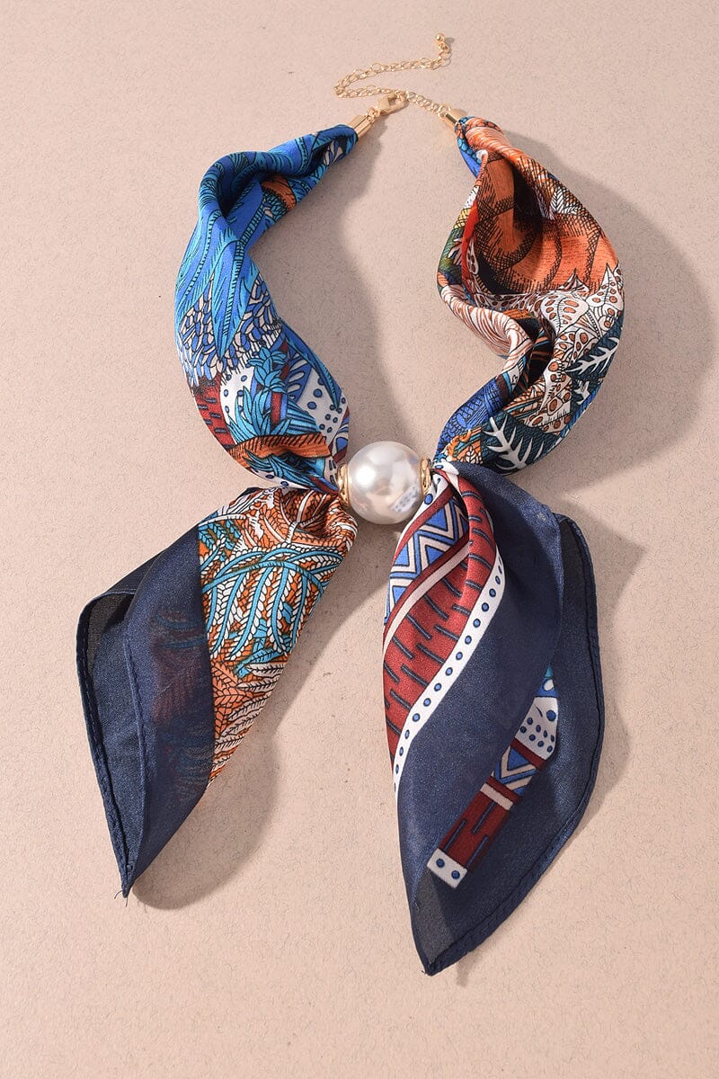 Printed Scarf and Oversized Pearl Necklace - Navy Womens Necklace Merveille 