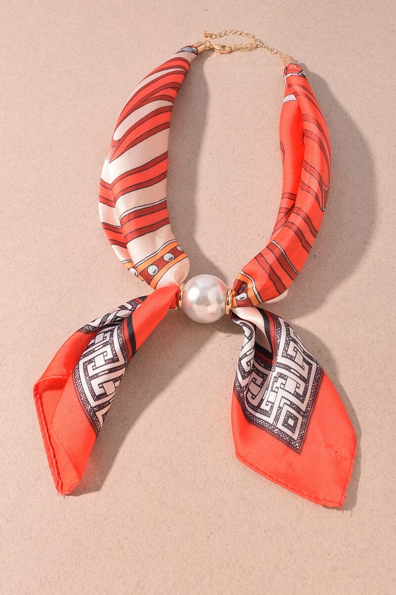 Printed Scarf and Oversized Pearl Necklace - Orange Womens Necklace Merveille 