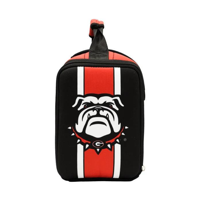 A black neoprene lunch bag featuring the Georgia Bulldogs logo on the front, with red and white vertical stripes and a top carry handle, shown against a plain white background.