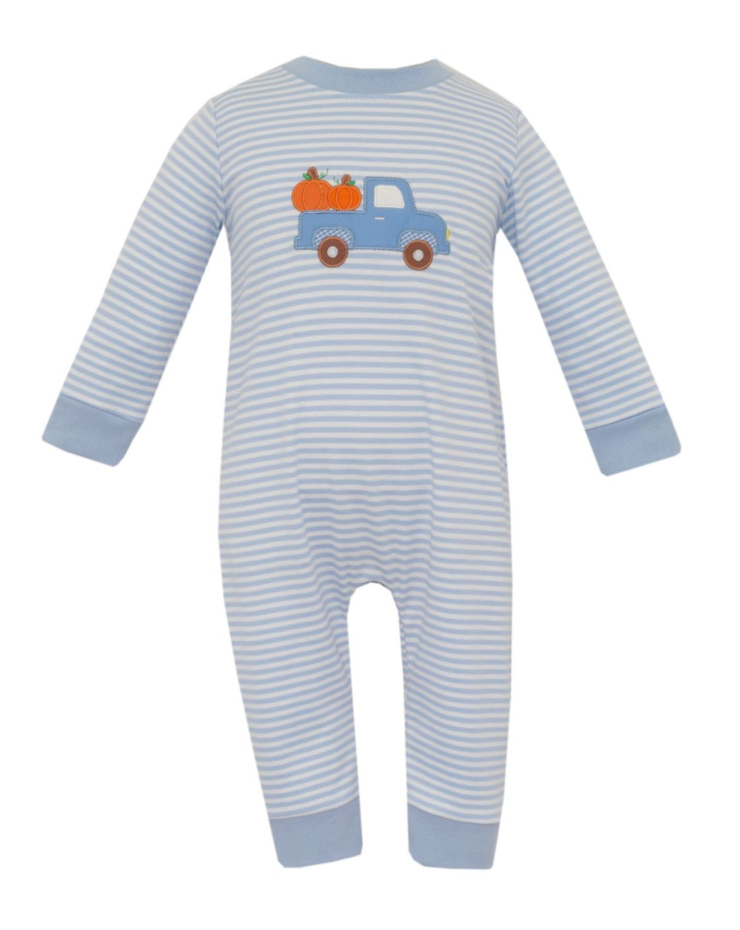 Pumpkin Truck Blue Stripe Knit Boy Romper Boy Romper Claire and Charlie 