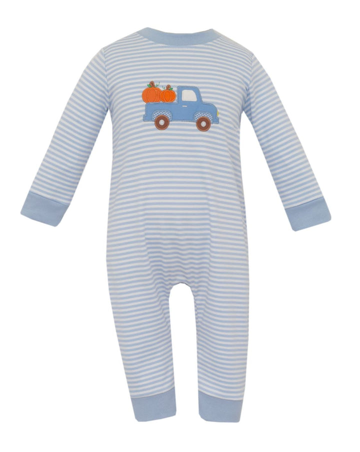 Pumpkin Truck Blue Stripe Knit Boy Romper Boy Romper Claire and Charlie 