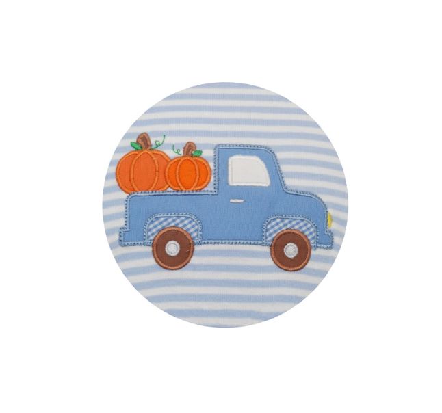 Pumpkin Truck Blue Stripe Knit Boy Romper Boy Romper Claire and Charlie 