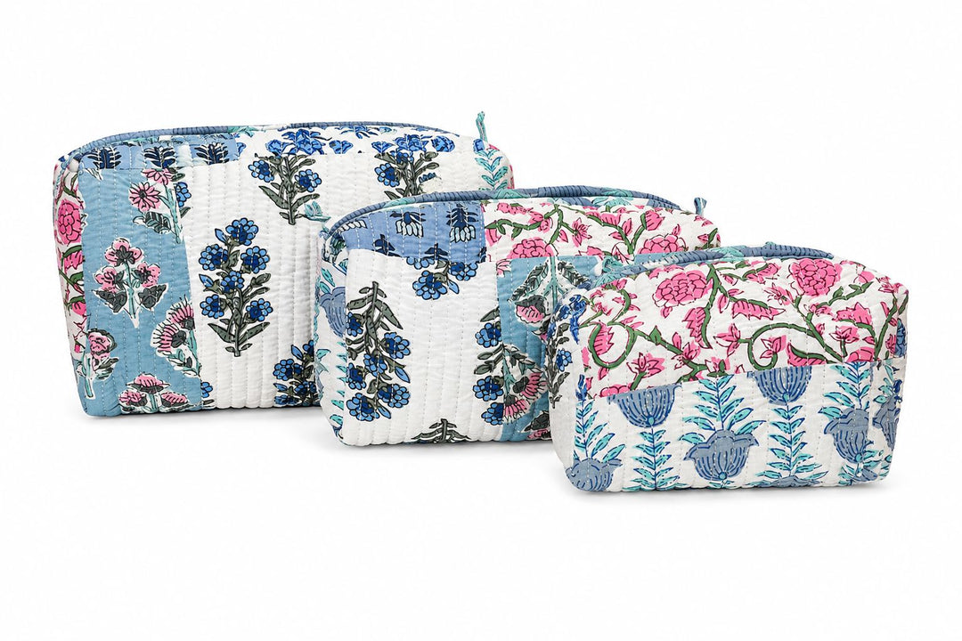 Quilted Cosmetic Bags - Blue Floral Patchwork Cosmetic/Accessories Bags Queens Designs 