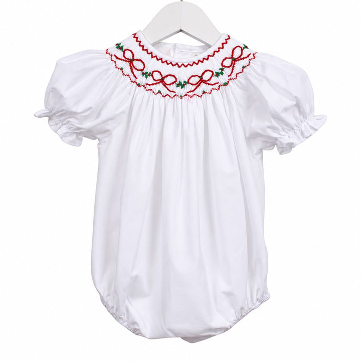 Red Bows & Garland White Smocked Bubble Girl Bubble Sweet Dreams 