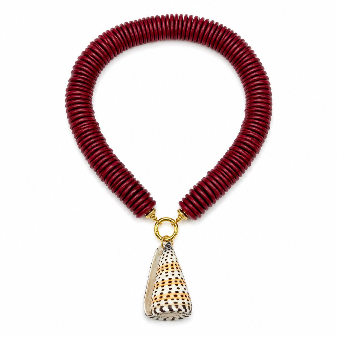 Red Coconut Disc with Leopard Shell Necklace Womens Necklace Bellary 