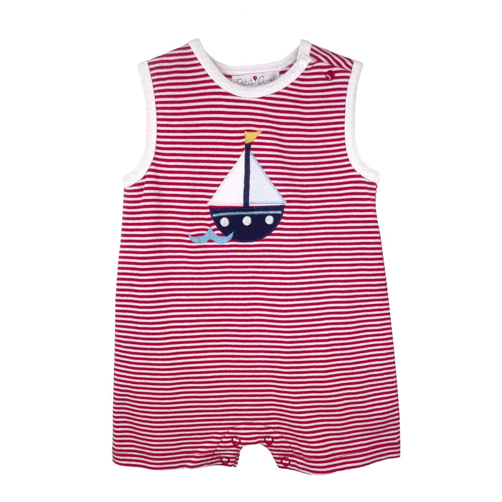 Red Striped Sailboat Romper Boy Romper Petit Ami 