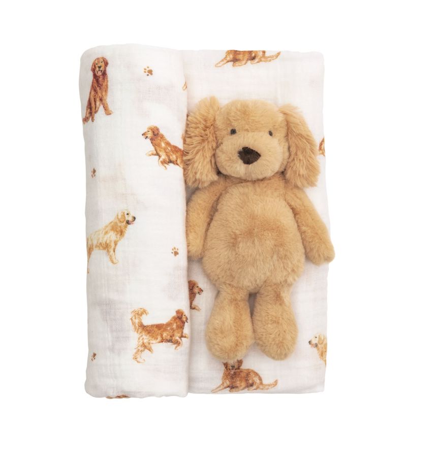 Retriever Swaddle & Rattle Set Baby Blanket MudPie 