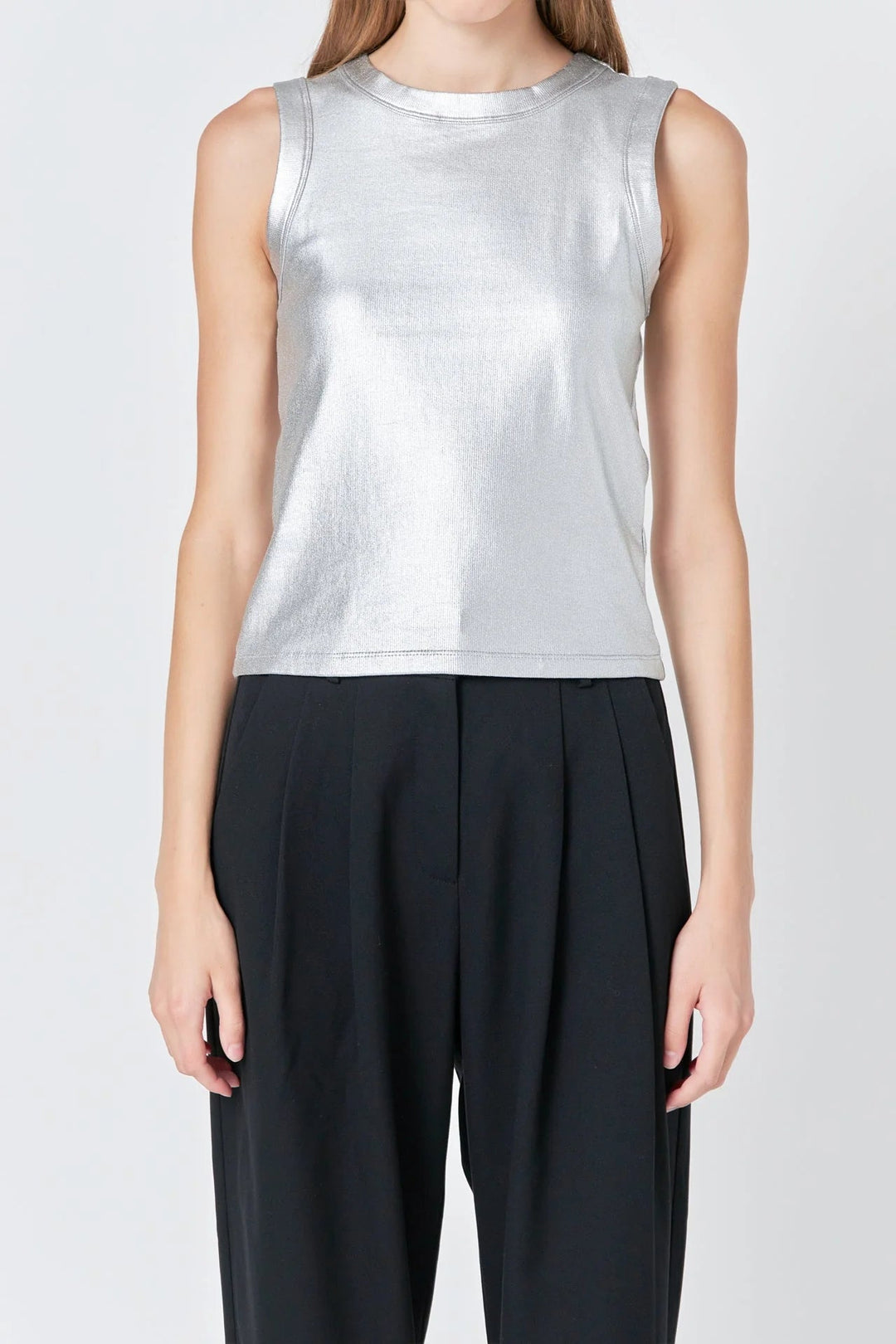 Ribbed Metallic Silver Top Womens Shirt English Factory 