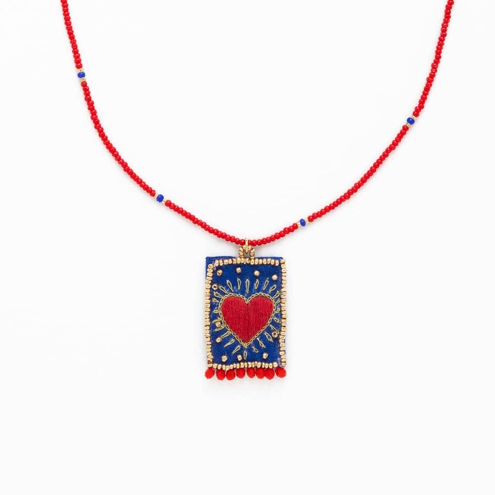 Robin Beaded Necklace With Embroidered Heart Womens Necklace Ink and Alloy 