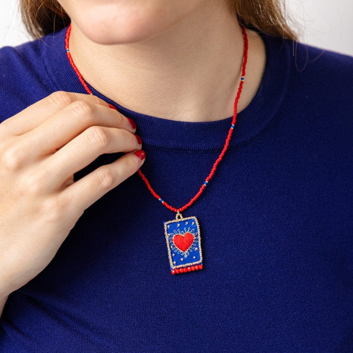 Robin Beaded Necklace With Embroidered Heart Womens Necklace Ink and Alloy 