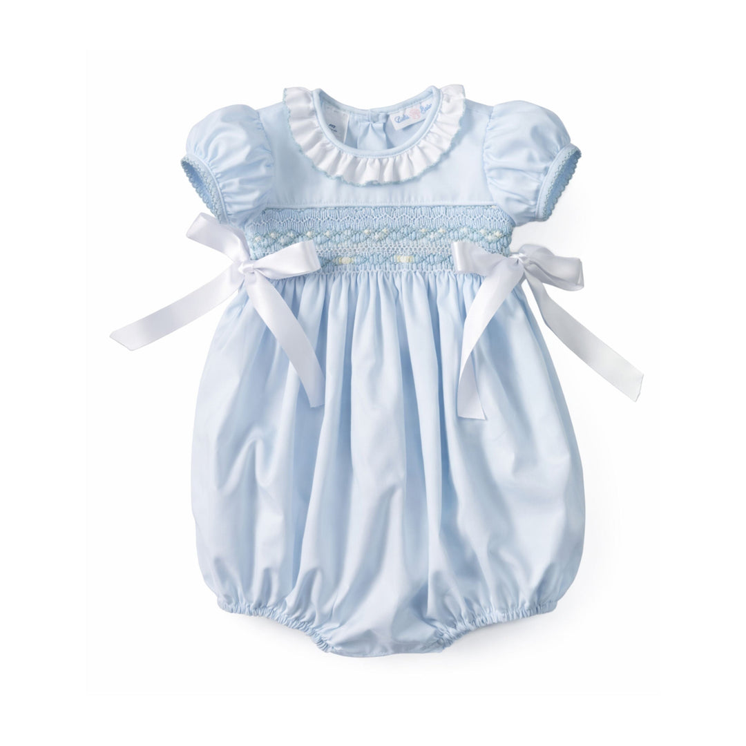 Rosie Blue Smocked Ribbon Bubble Girl Bubble Lulu Bebe 