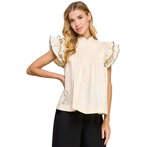Ruffle Sleeve Blouse with Trim - Cream/Navy Womens Sweaters TCEC 