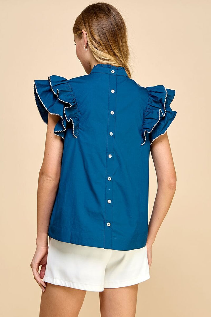 Ruffle Sleeve Blouse with Trim - Navy/Cream Womens Sweaters TCEC 