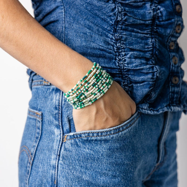 Sage Confetti Beaded 10 Strand Stretch Bracelets - Green Womens Bracelet Ink and Alloy 