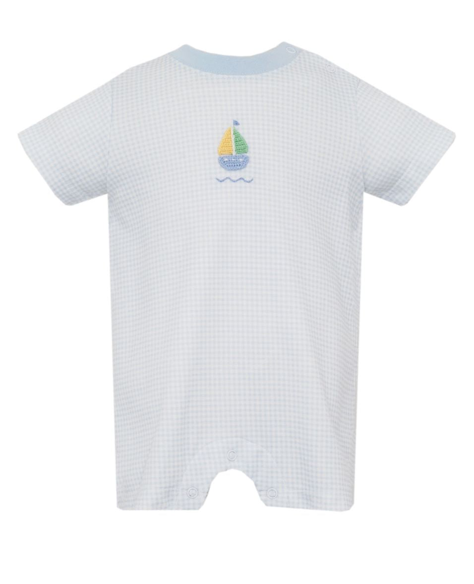 Sailboat Light Blue Knit Gingham Romper Boy Romper Petit Bebe 