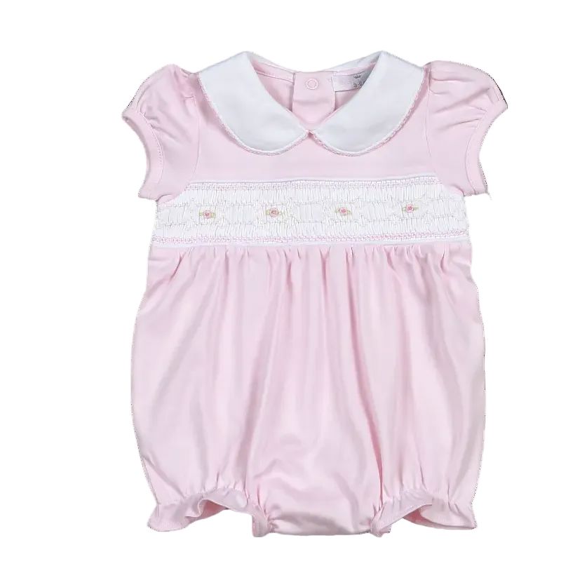 Sally Pink Smocked Pima Short Sleeve Bubble Girl Bubble Baby Loren 