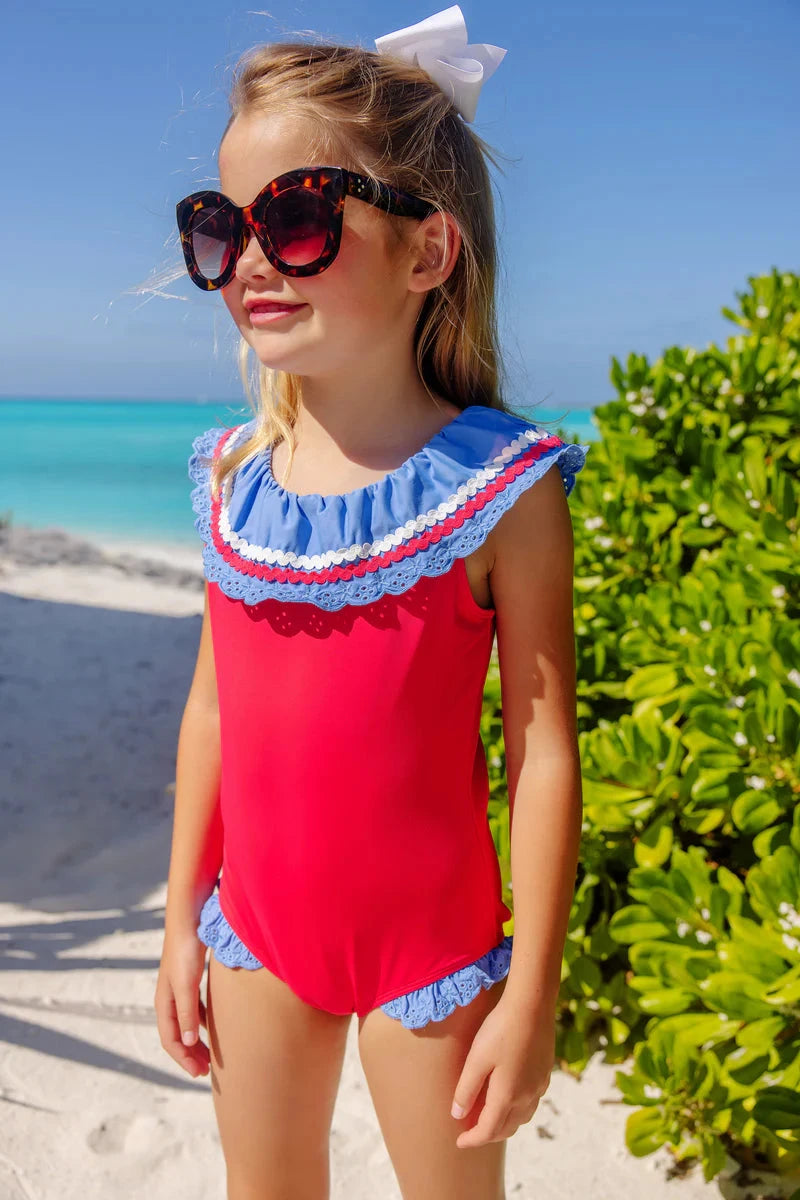 Sandy Lane Swimsuit - Richmond Red and Barbados Blue Girl Bathing Suit Beaufort Bonnet 