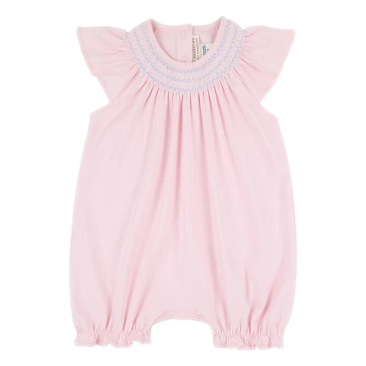 Sandy Smocked Romper - Palm Beach Pink Girl Romper Beaufort Bonnet 