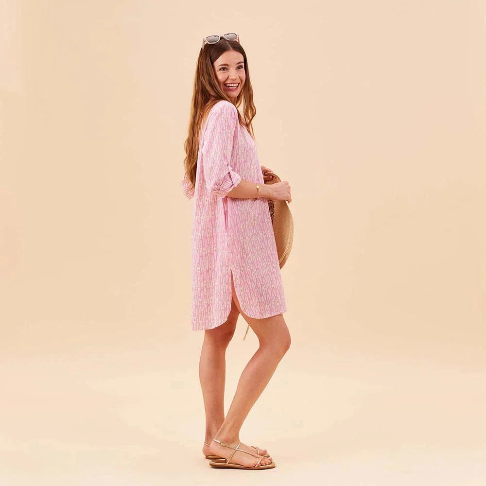 Sardina Pink Button Down Beach Tunic Womens Cover Up Rock Flower Paper 
