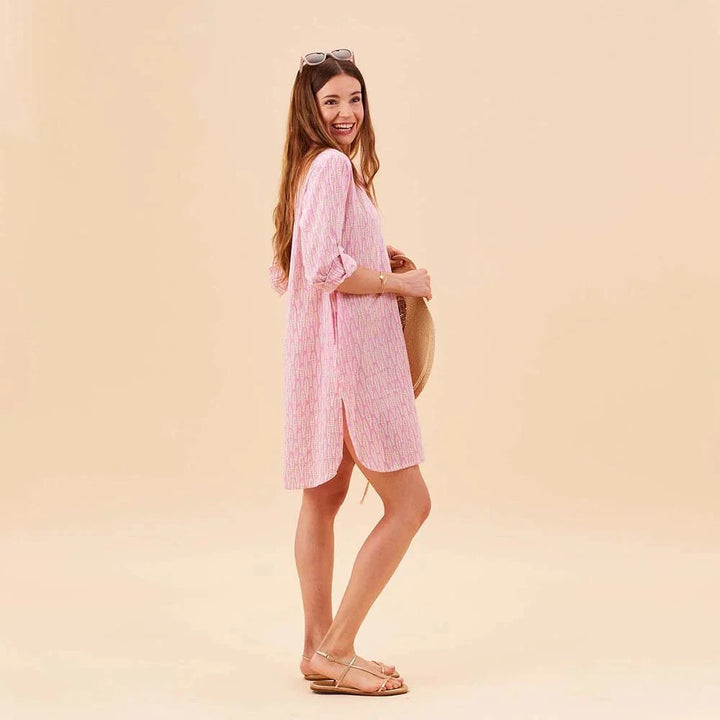 Sardina Pink Button Down Beach Tunic Womens Cover Up Rock Flower Paper 