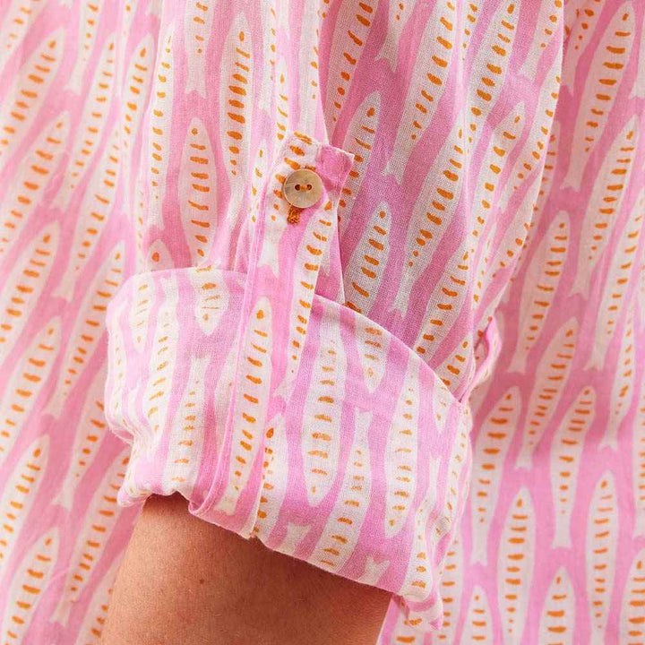 Sardina Pink Button Down Beach Tunic Womens Cover Up Rock Flower Paper 
