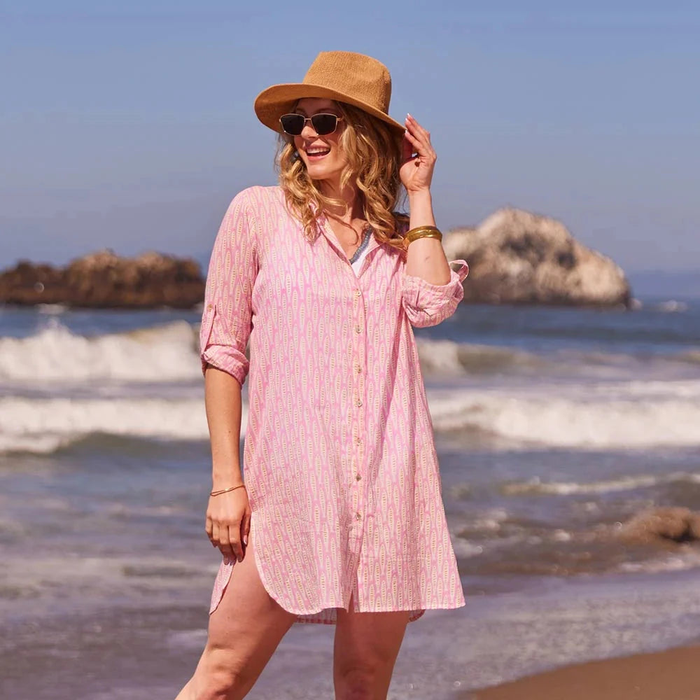 Sardina Pink Button Down Beach Tunic Womens Cover Up Rock Flower Paper 
