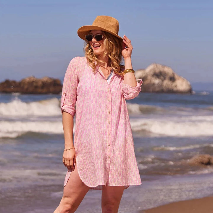 Sardina Pink Button Down Beach Tunic Womens Cover Up Rock Flower Paper 
