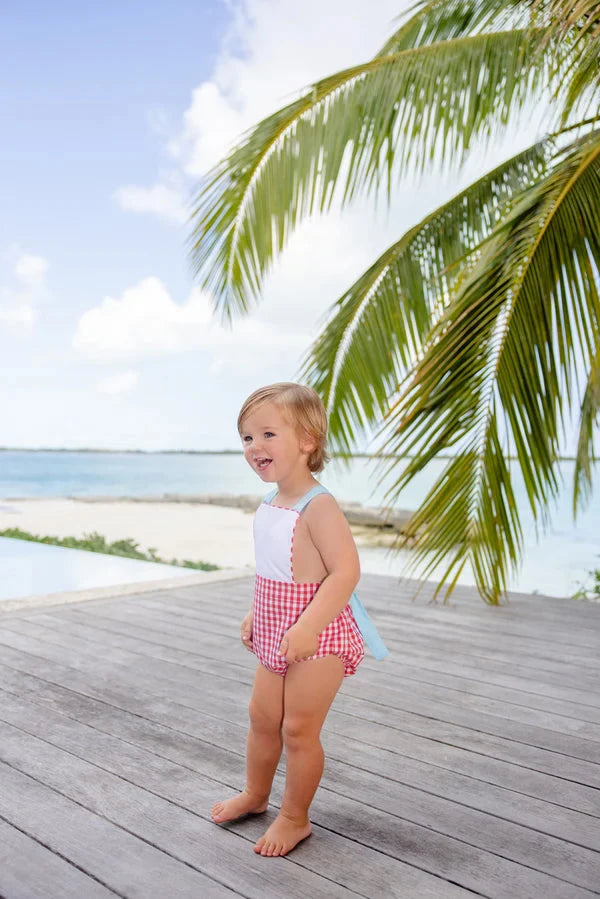 Sayre Sunsuit - Richmond Red Gingham/Belhaven Blue Boy Bubble Beaufort Bonnet 