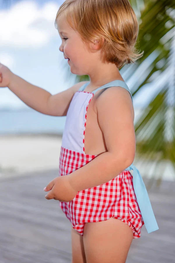Sayre Sunsuit - Richmond Red Gingham/Belhaven Blue Boy Bubble Beaufort Bonnet 
