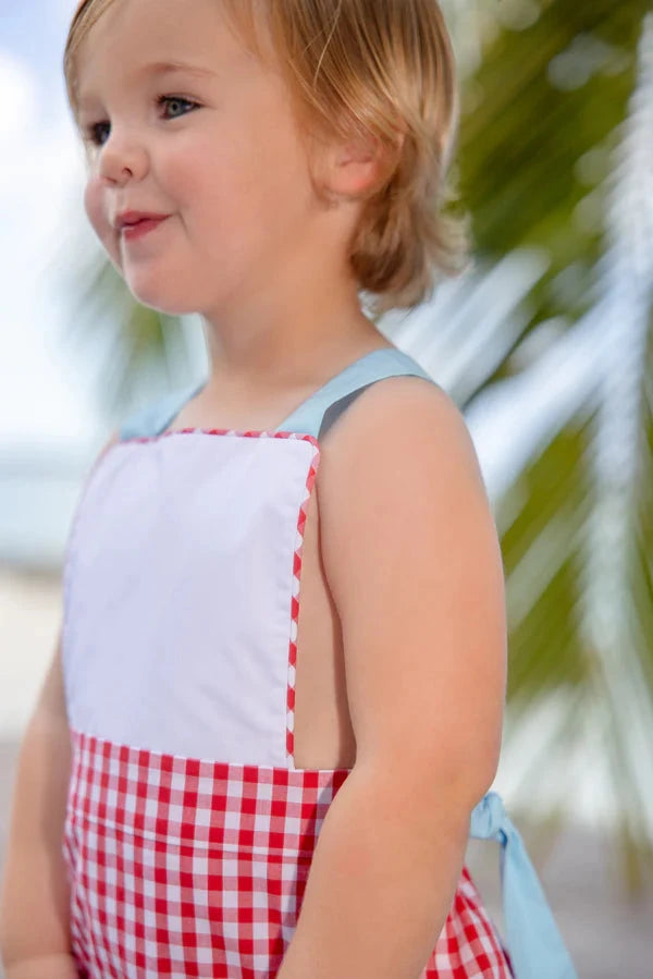 Sayre Sunsuit - Richmond Red Gingham/Belhaven Blue Boy Bubble Beaufort Bonnet 