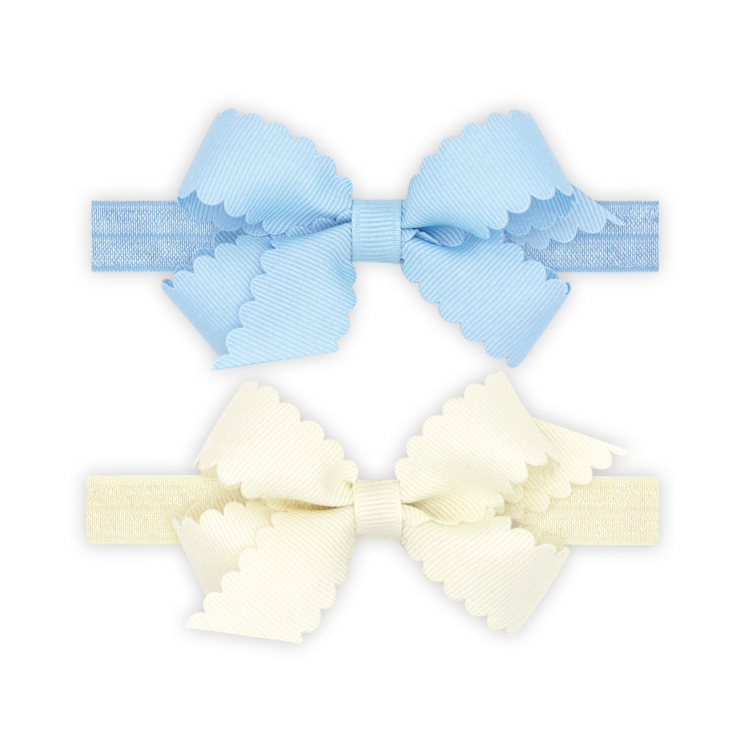 Scallop Bows With Bands - Two Mini Girl Headband WeeOnes Antique White and Blue 